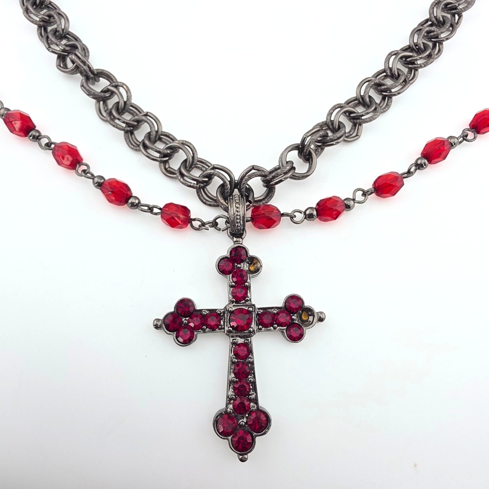2028 Brand 'Symbols of Faith' Cross Necklace Red Crystals Gunmetal Grey 36"